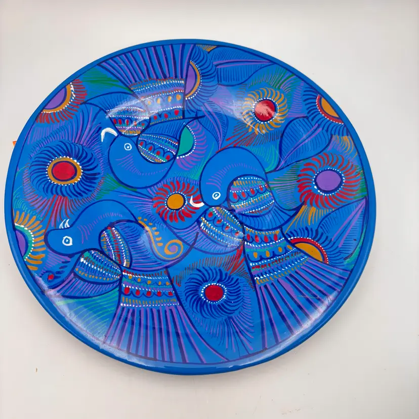 Mexican Folk Art Hand Painted Blue Birds Wall Plate 12” Terracotta  Nahua