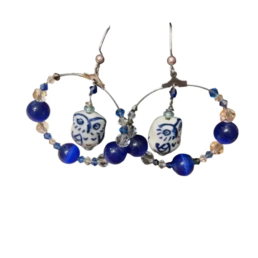 Handmade blue beaded owl dangle earrings, silver tone hooks