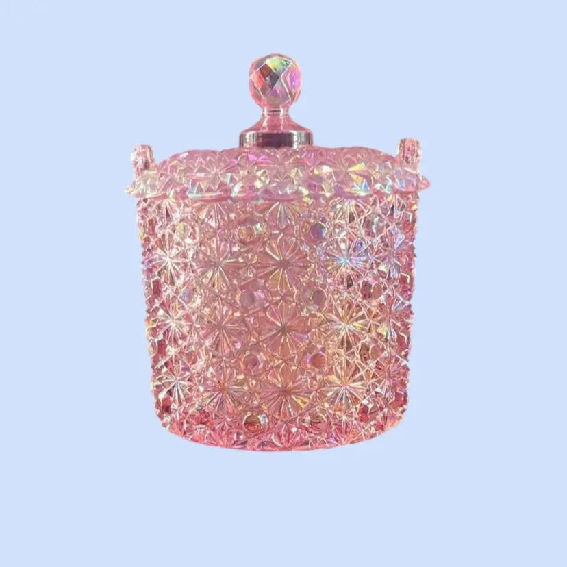 #394- Vintage Fenton Lidded Candy Box Trinket Jar  "Daisy and Button" Pressed Glass Pattern Faceted Knob Iridescent Pink Ice Bucket Biscuit Jar Container Springtime Easter Mothers Day Decor Fenton Logo Pattern: Daisy and Button.Color/Finish: Pink Pearl (iridescent).Item Type: Candy Jar, Ice Bucket, or Biscuit Jar.