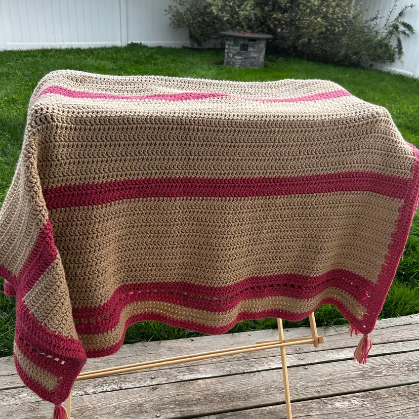 Pink And Tan Crochet Blanket 70” 106”