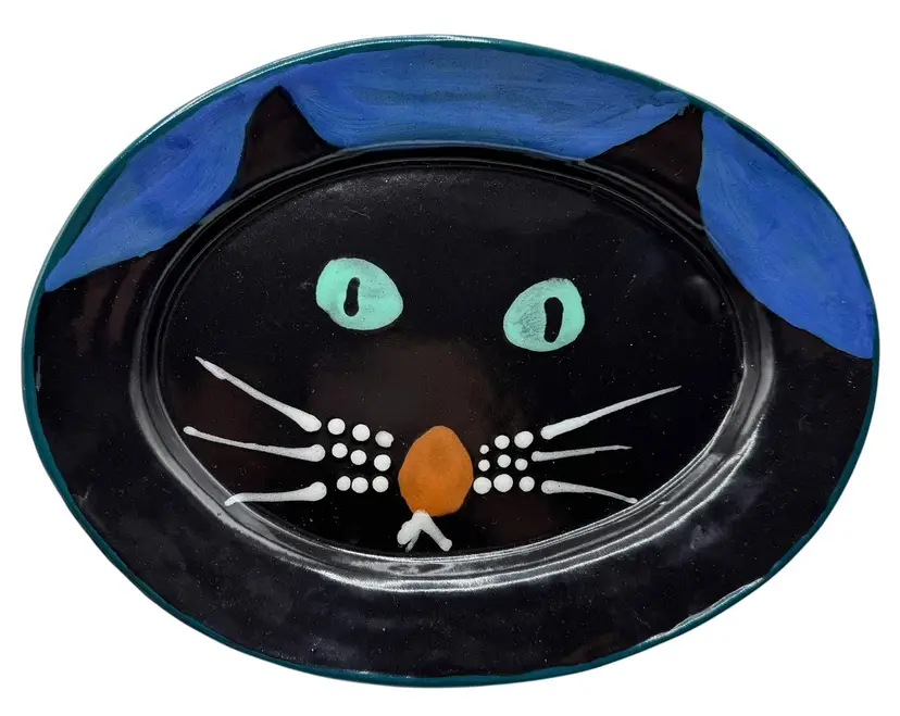 Signed Stephen Kilborn Pottery Black Cat Oval Plate Small Platter Halloween 10”