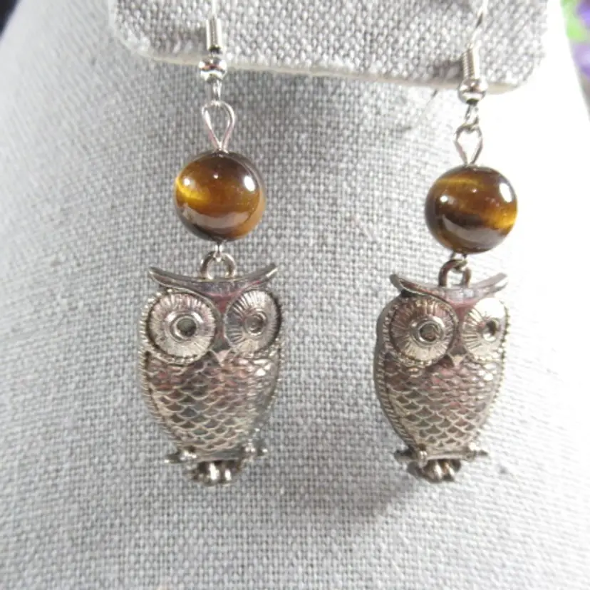 Owl Charm and Tigers Eye Stone Handmade Earrings