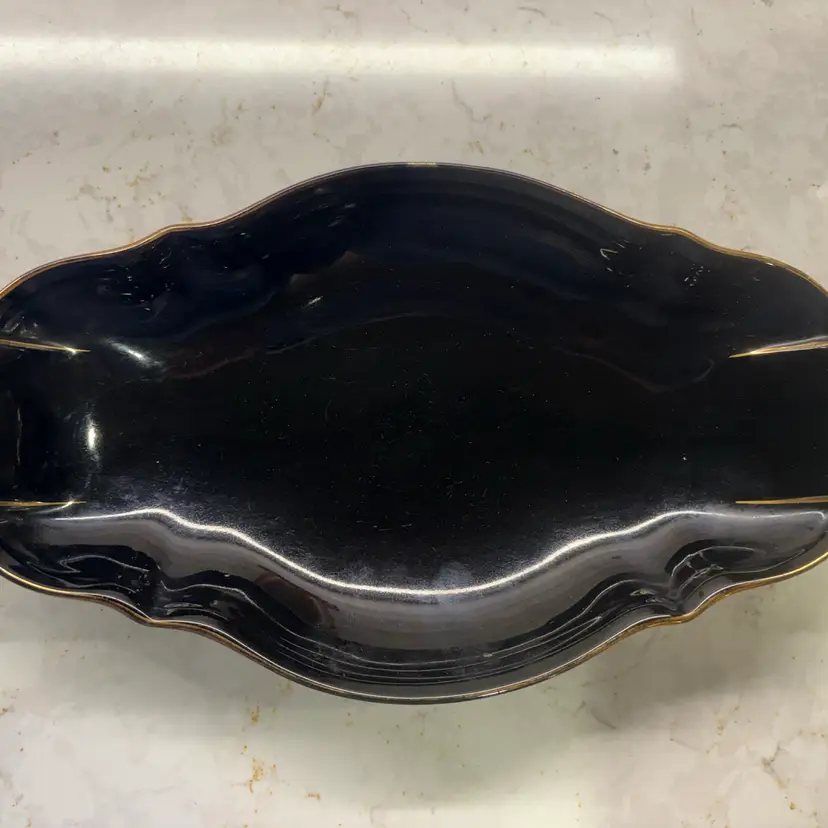 Vintage Stavangerflint Norway Black & Gold Porcelain Dish - 10.75" Celery Ashtray Relish Tray - MCM Scandinavian Hollywood Regency