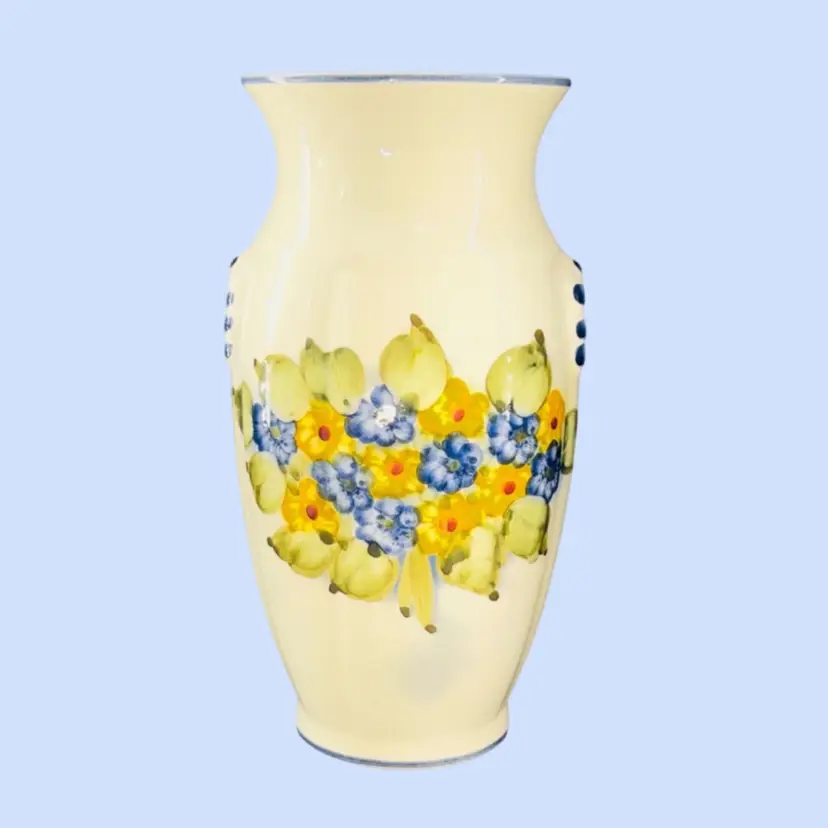 #068- 8” Pottery Vase Hand Painted Blue & Yellow Flowers