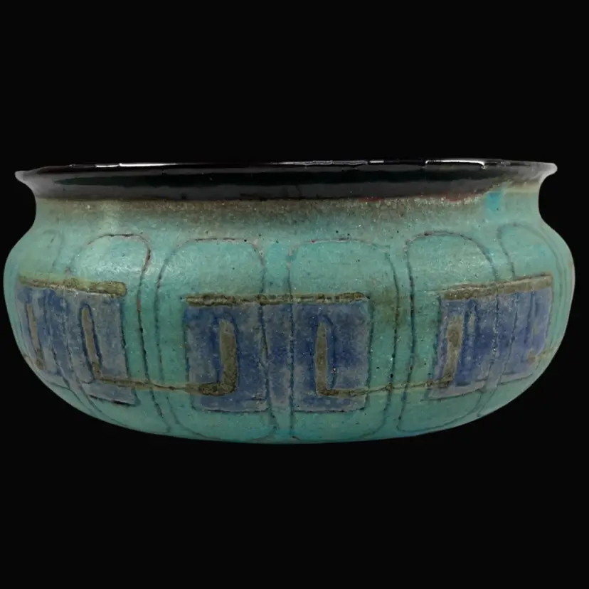 Teal / Turquoise & Cobalt Blue Colored Vintage Studio Pottery Bowl with Incised Geometric Pattern – Signed BAST