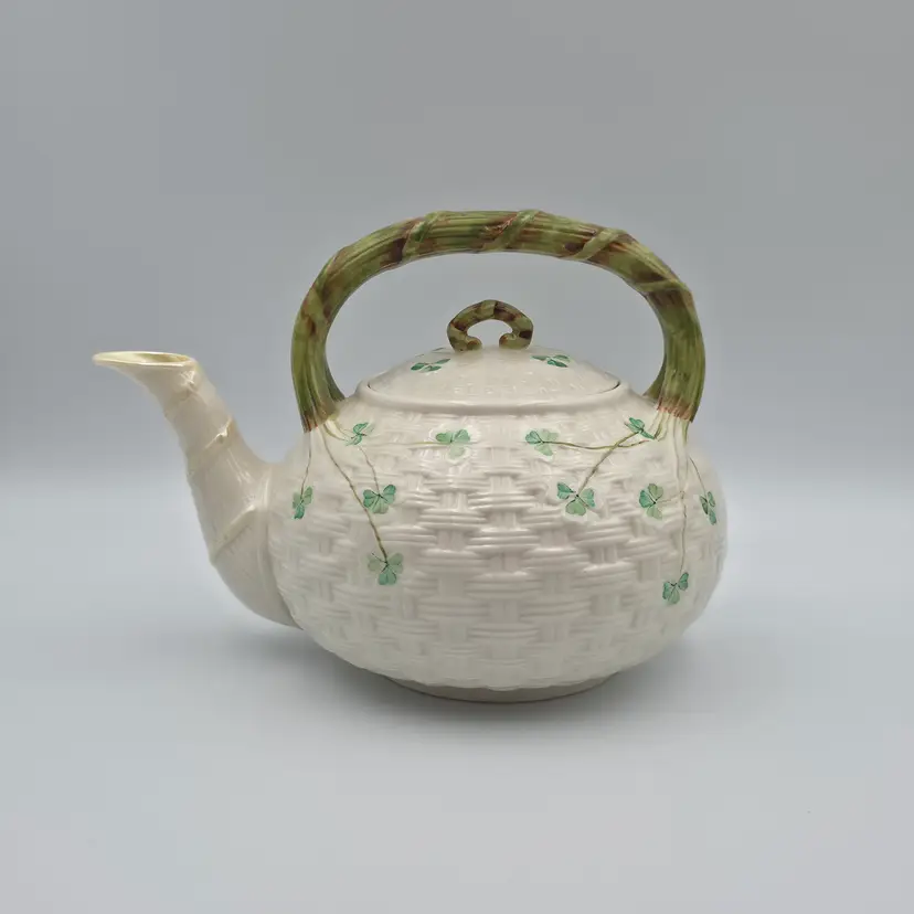 Irish Belleek Shamrock Basketweave Teapot 3rd Green Mark
