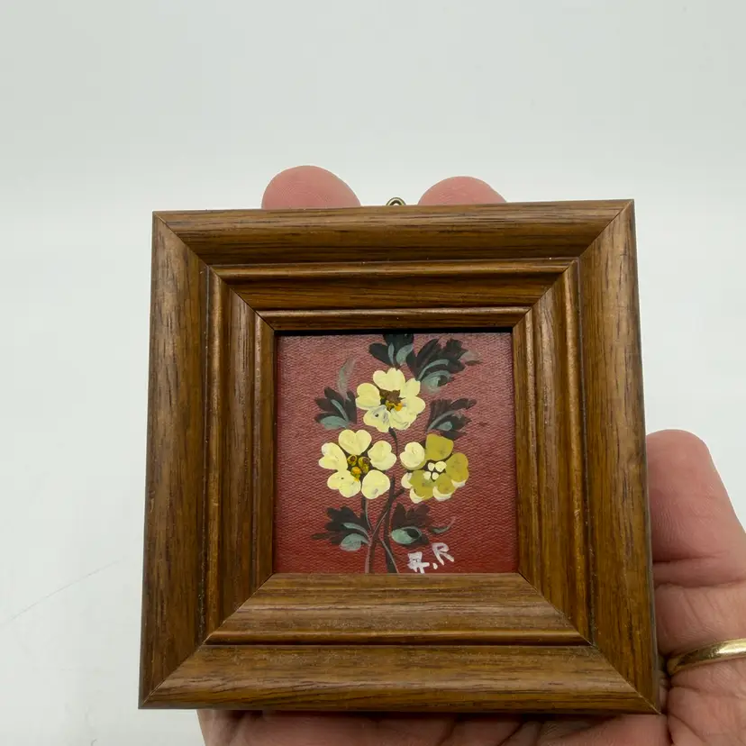 Vintage Small Wood Framed Floral Hand Painted Artwork Yellow Flowers Red Background