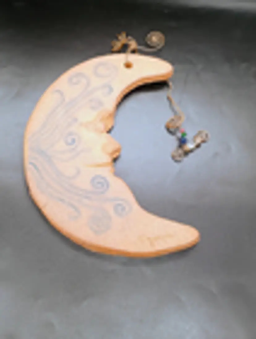 Large Cresent Moon Stoneware Wall Hanging Garden Art With Glass Bead  & Crystals.
