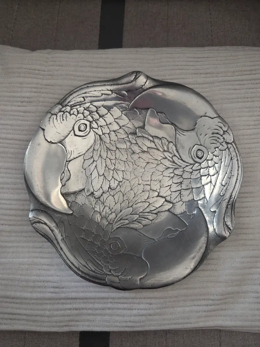 Arthur Court Designs 1983 Parrots Dish Plate Macaws 7” Vintage Aluminum