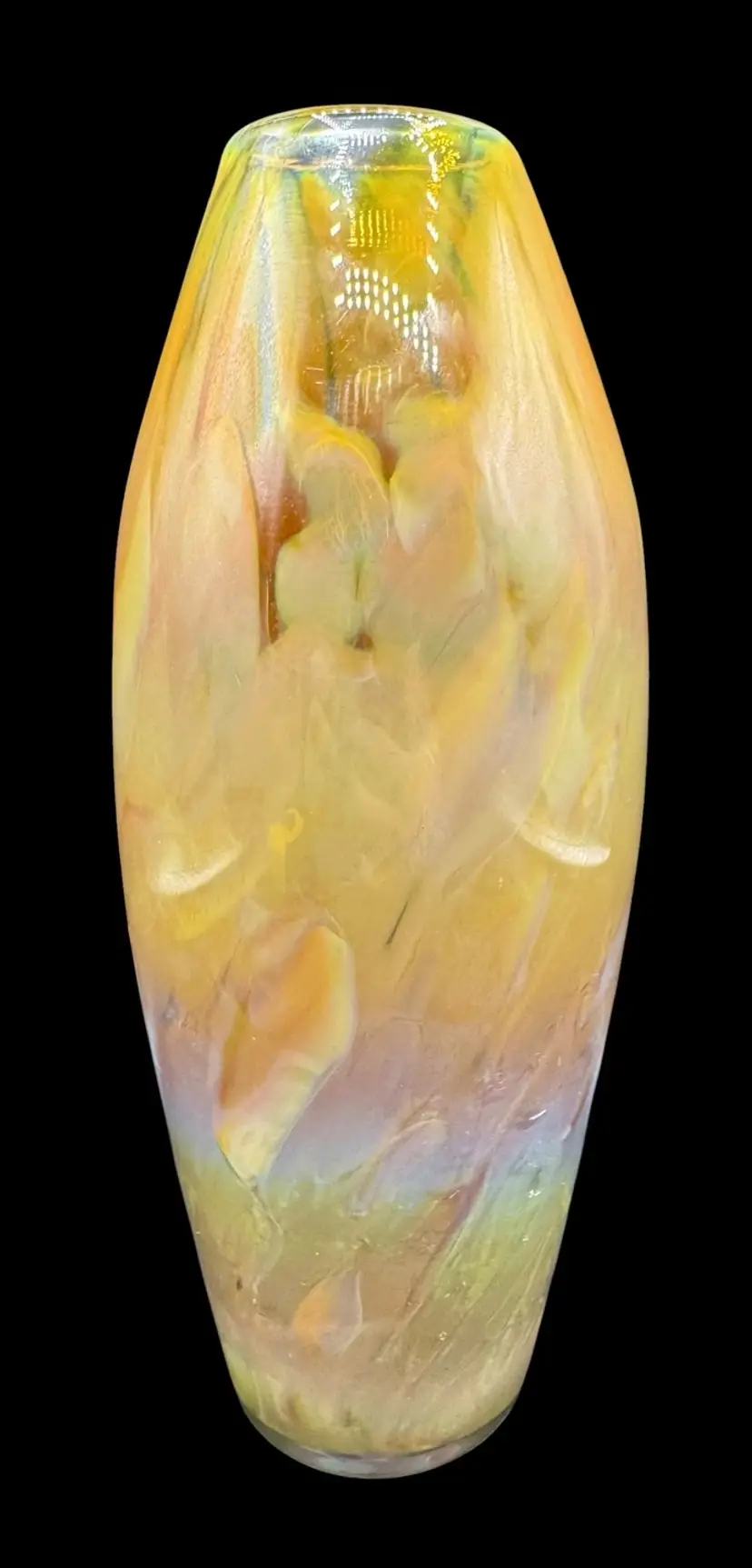 Handblown Studio Art Glass Vase Cylinder Fumed Opalescent Rainbow Orange 8.75”