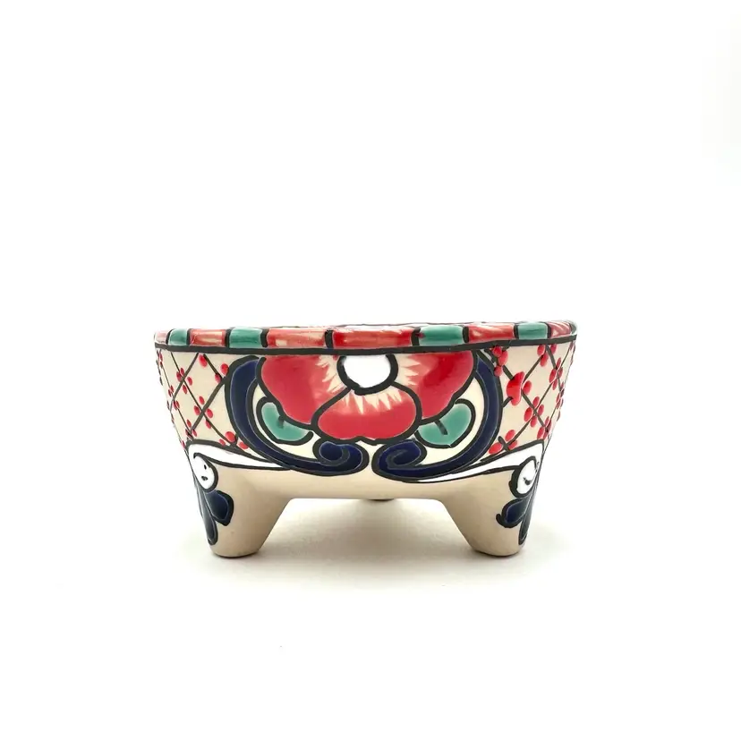 Talavera Mexico Footed Salsa Dip Bowl Floral Multicolor