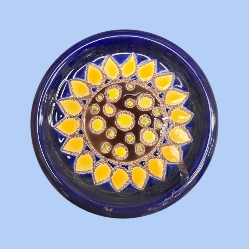 #291- Sunflower Pottery Coaster Set 4pc Cobalt Blue Hand Painted Flowers By Eduardo Vega Ecuador