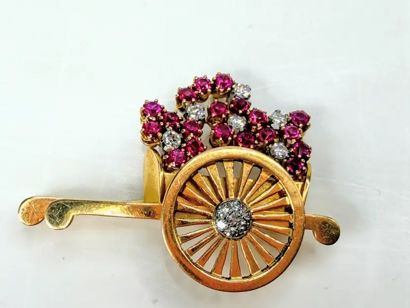 Early 20th Century 18K Gold Ruby Diamond Wheelbarrow Brooch 1.69ct 10.5g JR2001