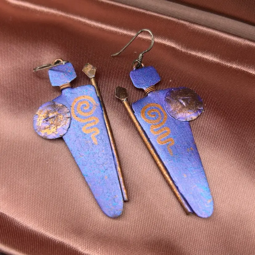 #01 Artisan Heat Patina Copper & Mixed Metal Dangle Earrings Sterling Silver 925 Hooks Boho Southwest