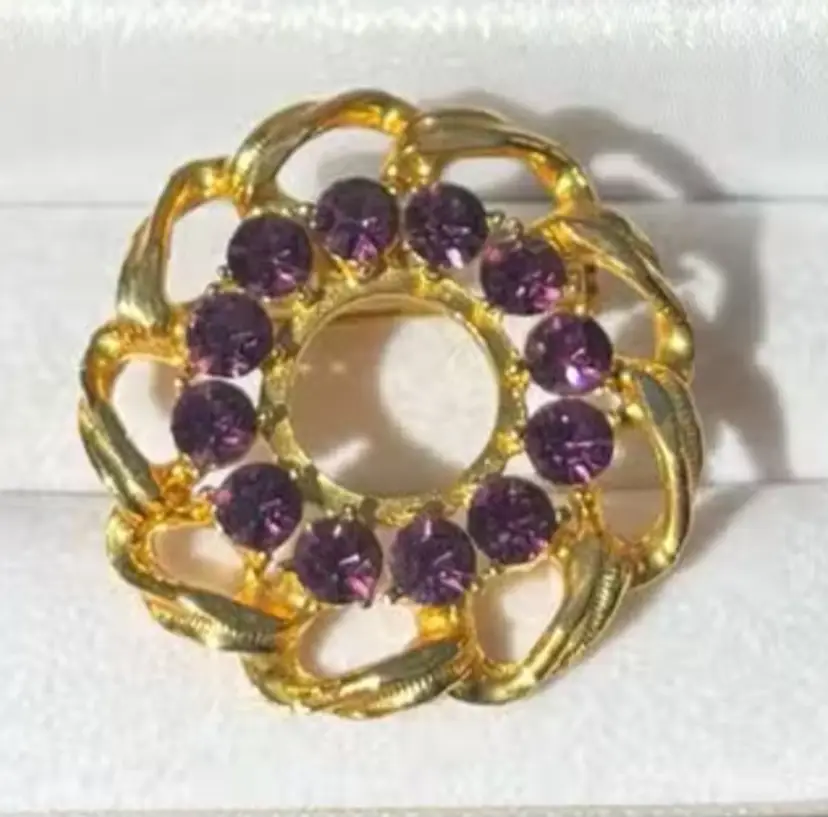 Vintage Gold Tone Floral Brooch with Purple Stones