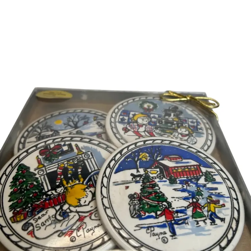 Set Of 4 C Payne Holiday Scene Coasters Handpainted 6x6 Box Size