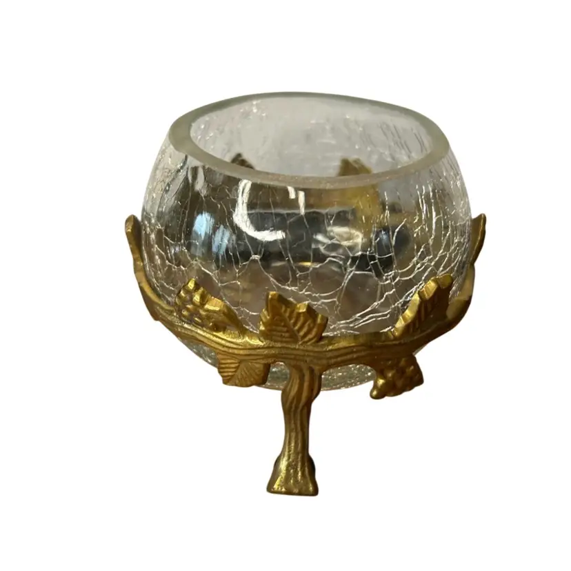 Married Together Vintage Brass Stand With Grapes Included Crackle Glass Bowl Total Height 4”