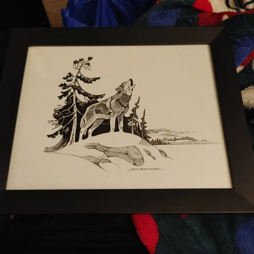 Pen & Ink Wolf art by Wisconsin Artist- John Boettcher. 11.5 x 9.5. No condition issues.