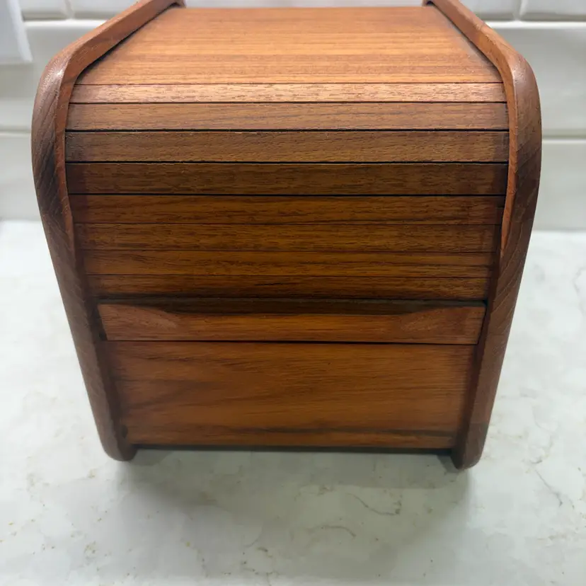 Vintage Mid Century Kalmar Thailand Teak Tambour Rolling Door Storage Desk Box