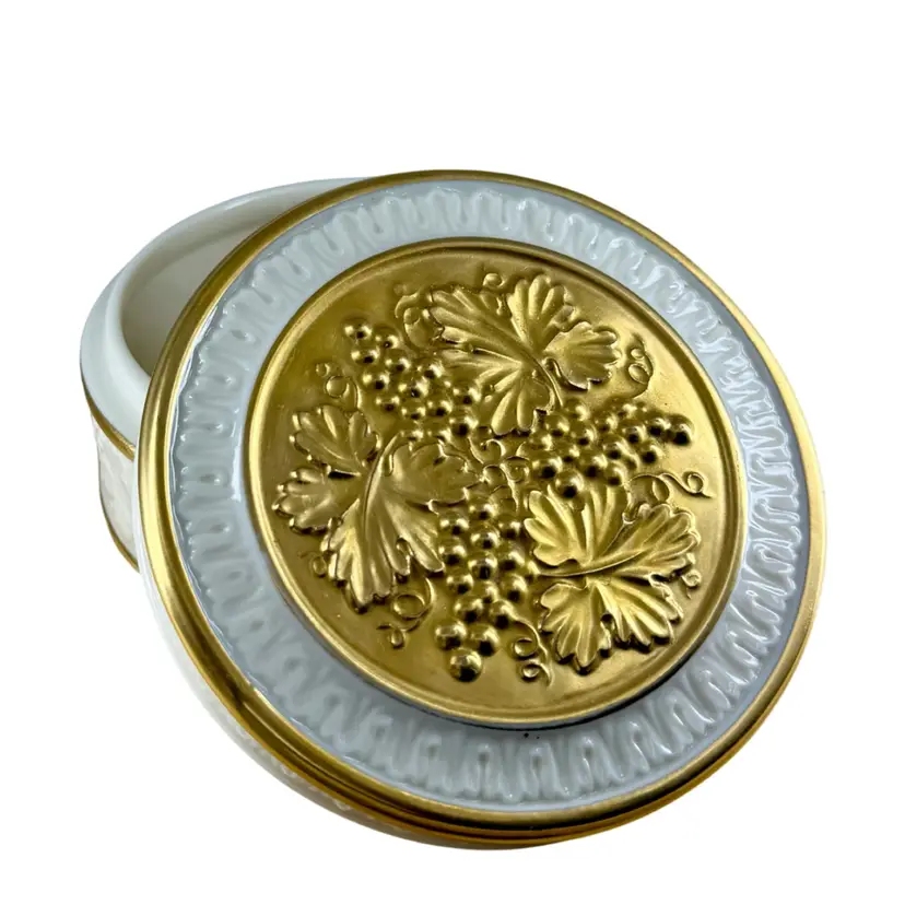 Lenox Grapes and Vines Porcelain Trinket Box 24 K Gold and Ivory Porcelain Made in USA 
2” T x 3.75” W