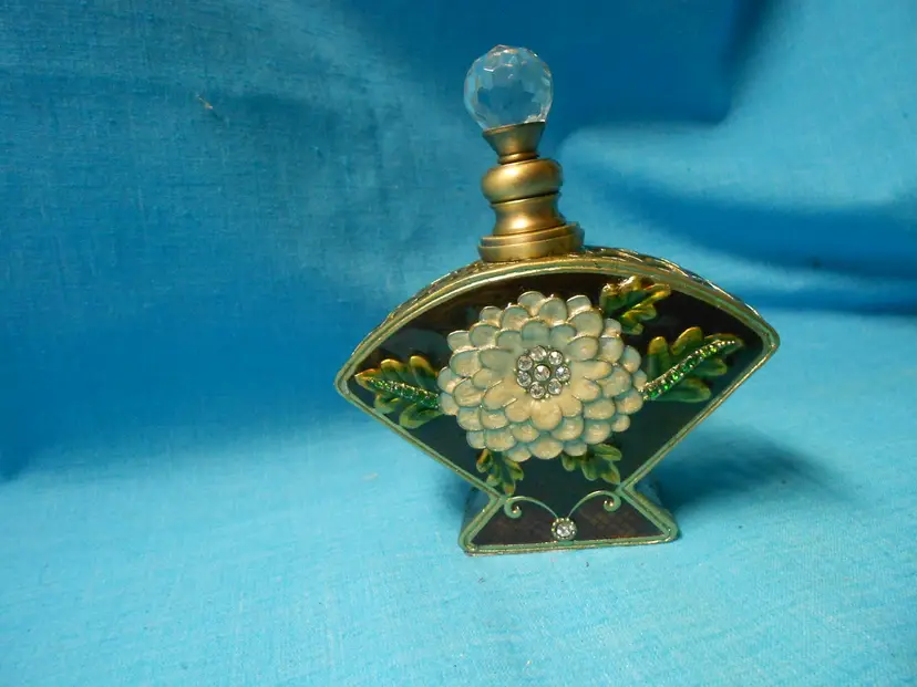 Vtg Cloisonne Enameled Perfume Bottle Inlayed Jewels Flower Design Screw Cap