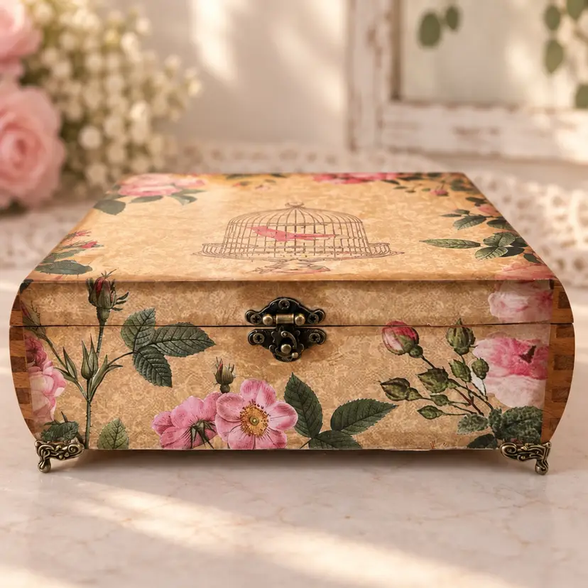 Romantic Rose Garden Vintage-Style Keepsake Box - Repurposed Wooden Cigar Box