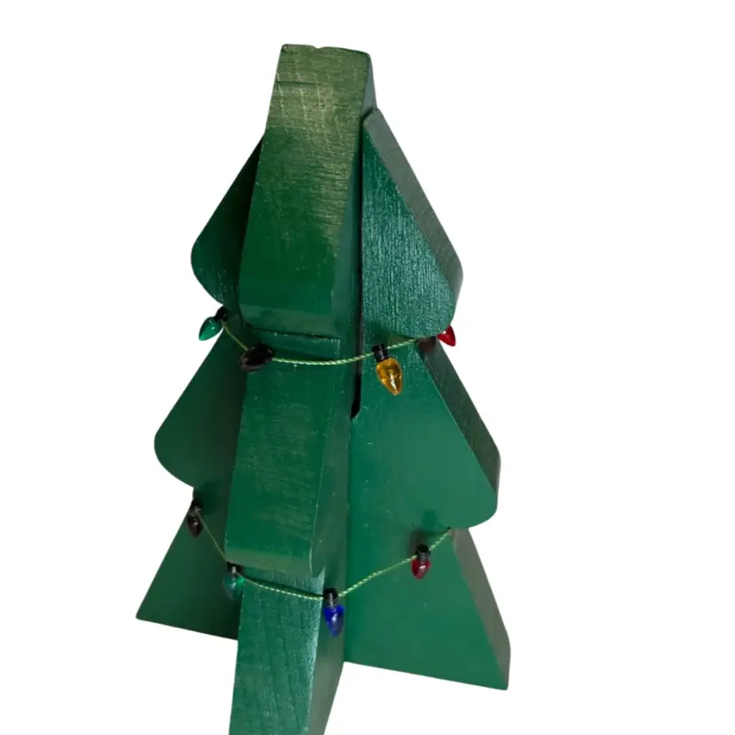 Green Wooden Christmas Tree With Sting Of Plastic Lights 7” Tall