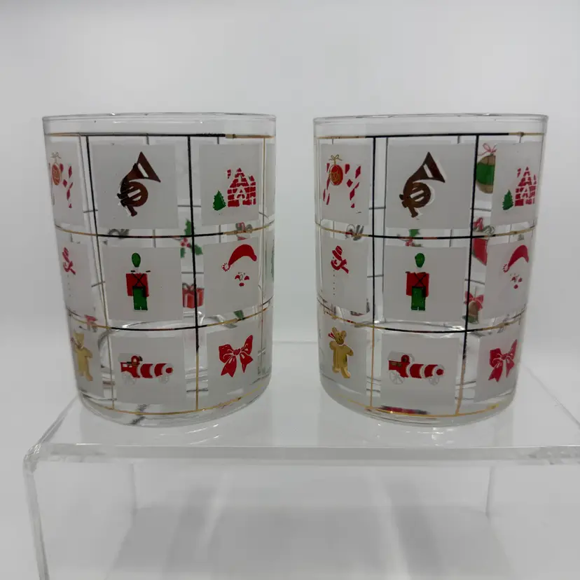 2 Vintage Culver Christmas Potpourri MCM Glasses Gold Trim
