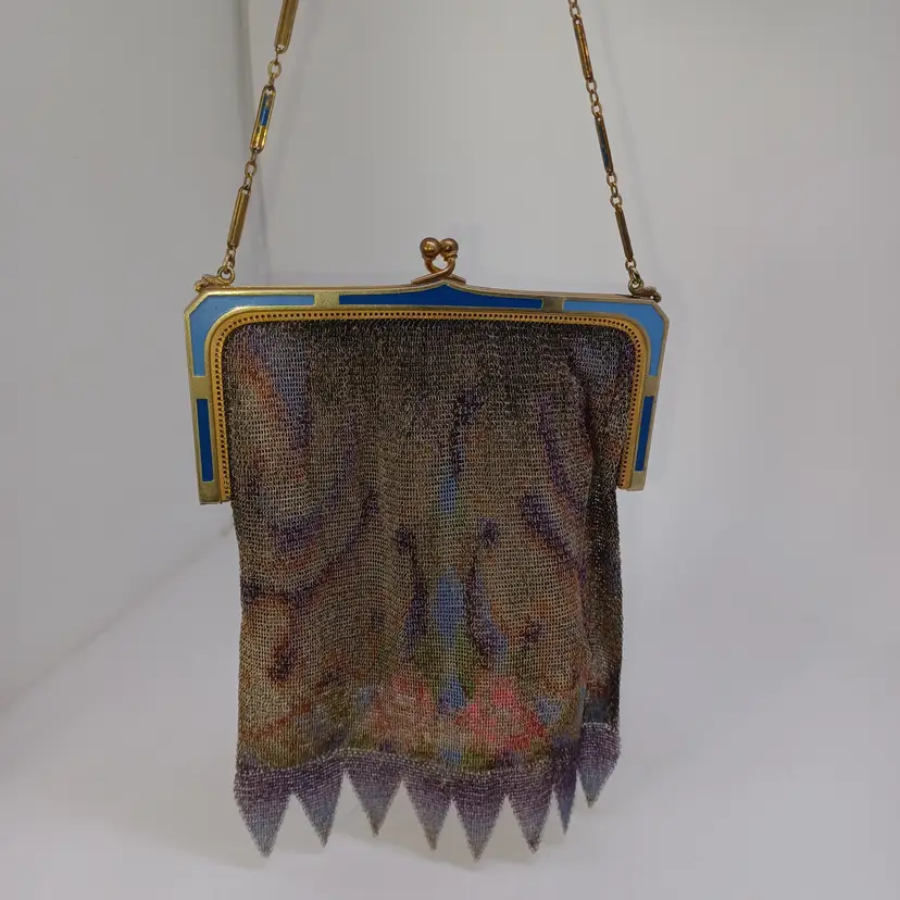 Antique 1920s Whiting & Davis Dresden Mesh Purse Art Deco Painted Flapper Bag