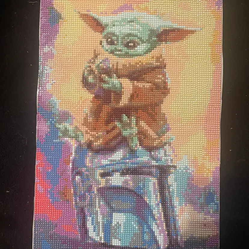 Completed Unframed 10”x13” diamond painting of Grogu (Baby Yoda) from Star Wars