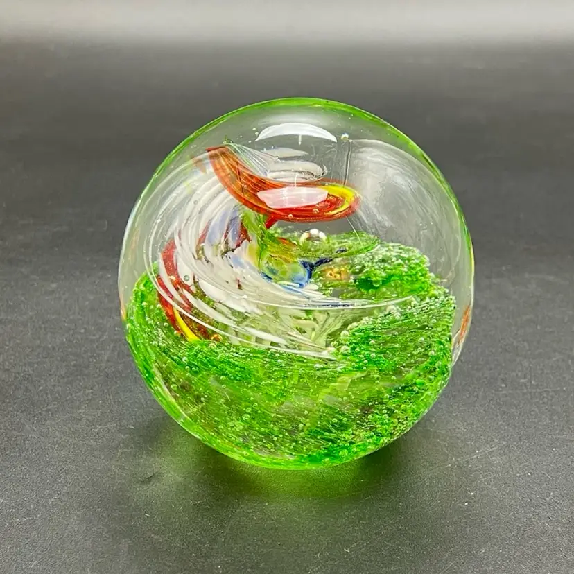 Blown Glass Paperweight Green Orange White Swirls Large Office Decor