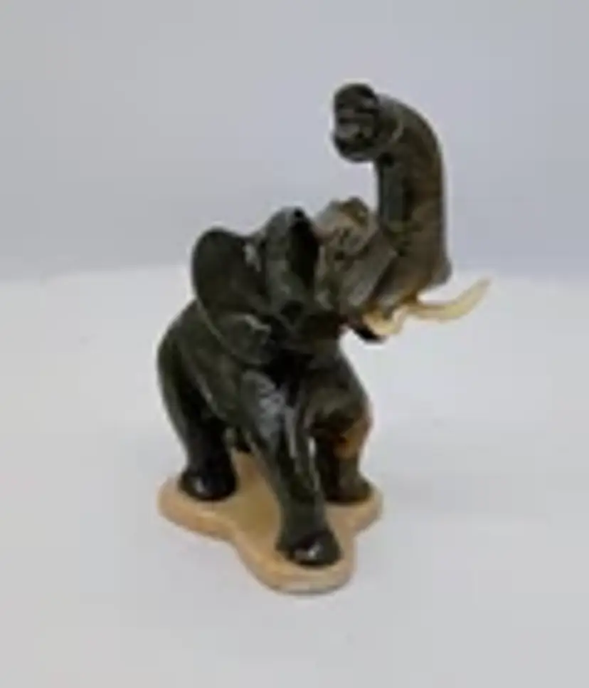 Hand Carved Dark Gray / with veining Marble Stone Elephant Figurine Lucky Trunk Up.