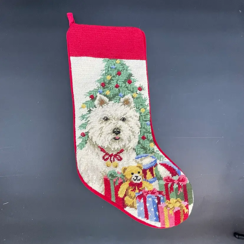 Needlepoint Stocking Westie Terrier Dog Puppy Christmas Tree Gifts Vintage