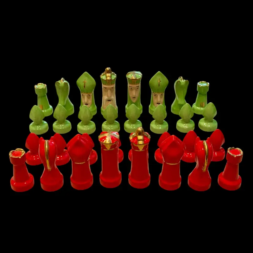 Vintage MCM Chess 32 Peices: Large Hand-Painted Duncan Mold Ceramic Red and Green w/ Gold Accents