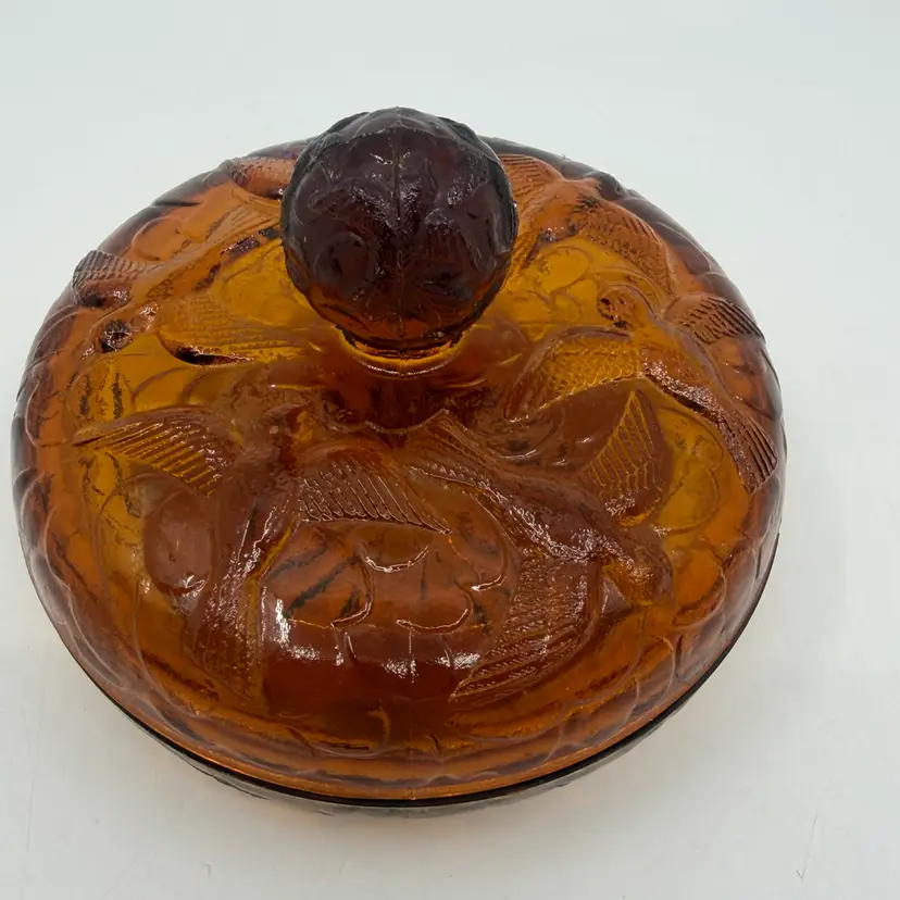 Vintage Amber Glass Lidded Trinket- Candy Dish ~ Raised Bird Pattern 5”