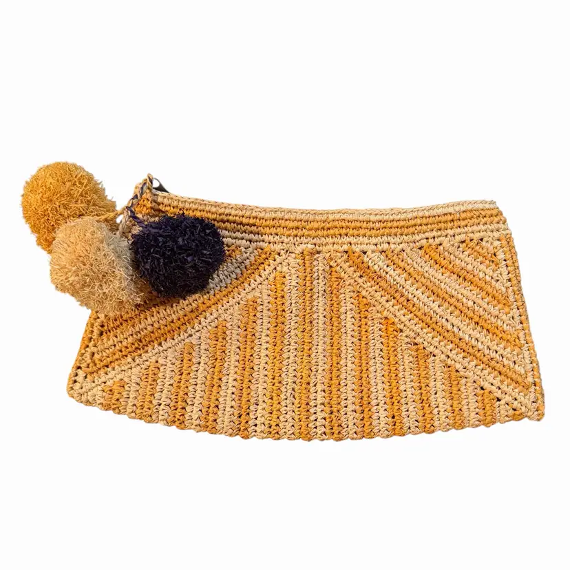 Marysol Straw Crochet Zip Clutch w/ Pom Pom Charm, Striped Beige Yellow Black