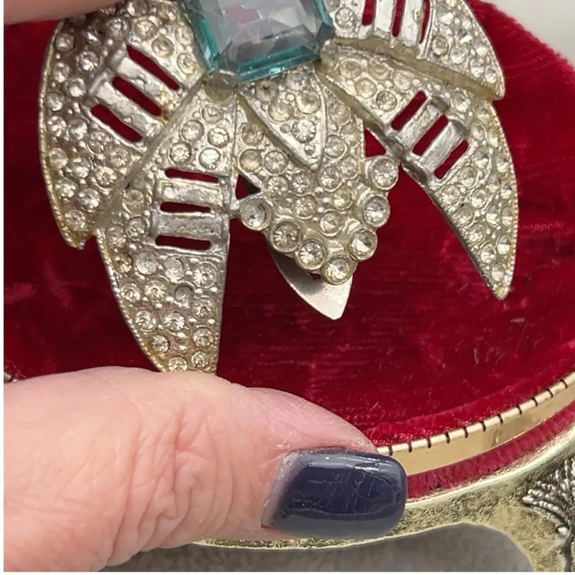 #01 Vintage Art Deco Aqua Blue & Clear Rhinestone Dress Clip 1930s Era As Is