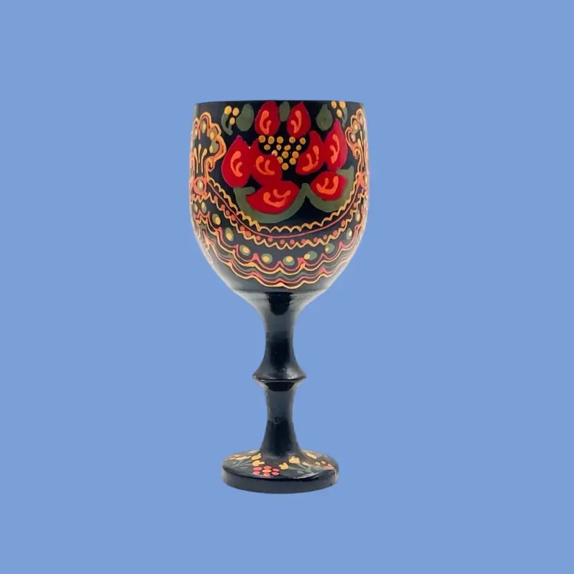 #194- Khokloma Wine Cup Traditional Russian Folk Art Hand Painted & Lacquered Wood
