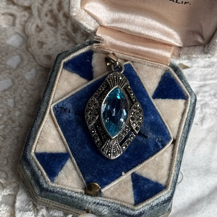 Sterling Silver Blue Topaz Marcasite Pendant 1.5”