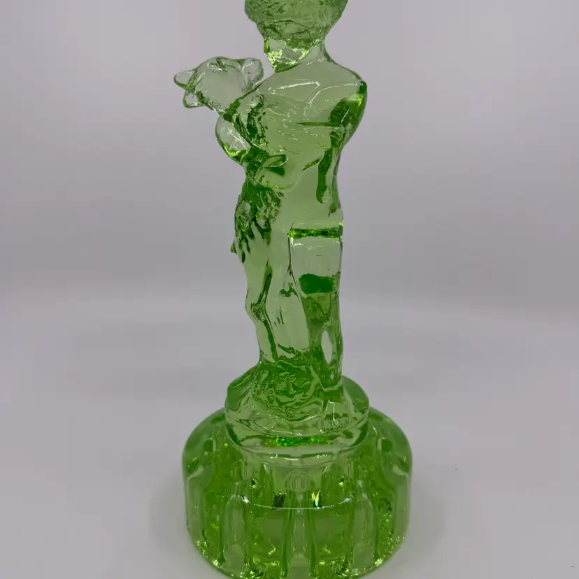 Vintage Art Deco Cambridge Glass Co Flower Frog “Two Kids” Uranium Glass 10 Holes