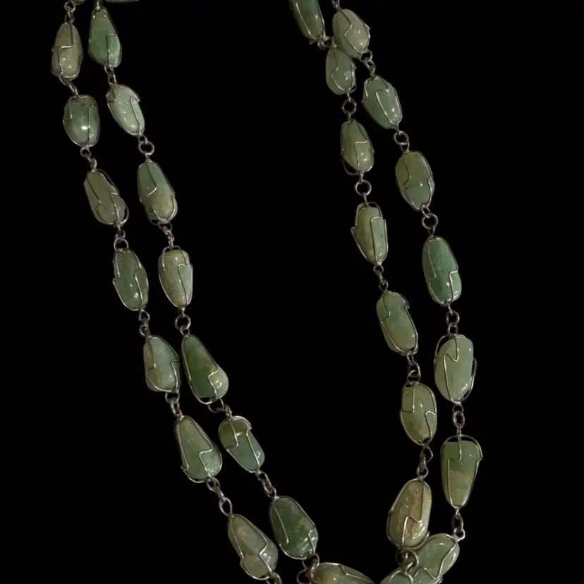 Lovely Vintage Necklace With Aventurine Stones Wrapped In Sterling Silver 38”