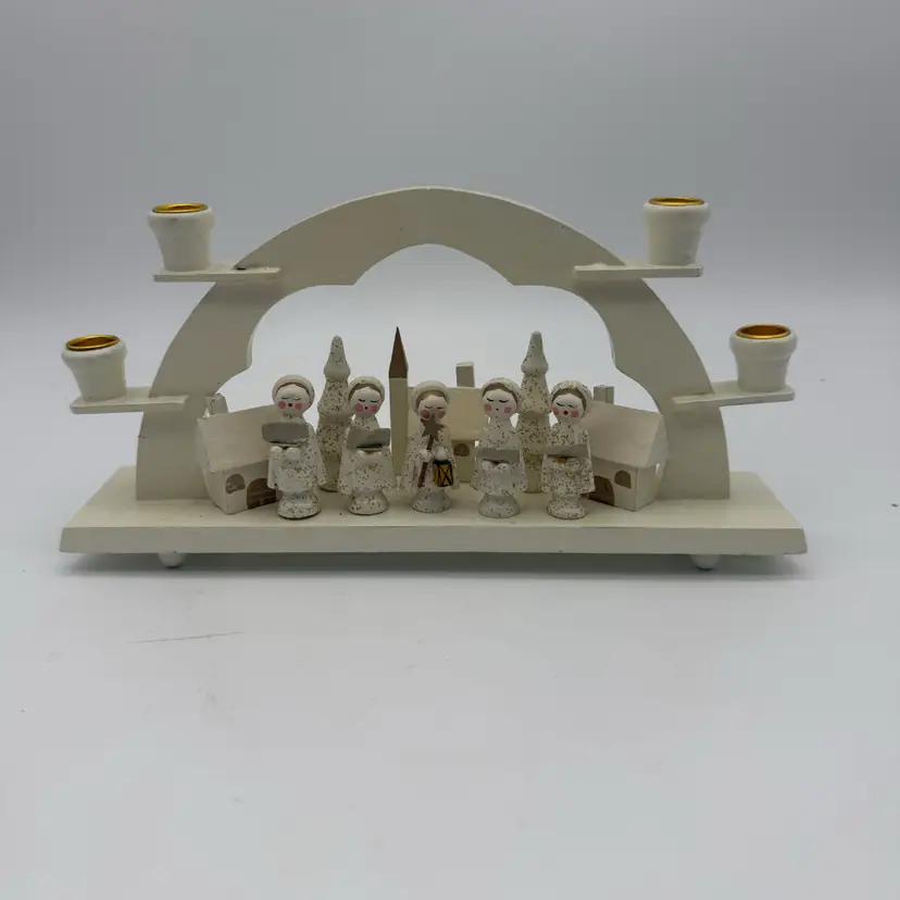 Vtg Christmas Candle Arch - Carolers In Village - White & Gold - Hand Painted