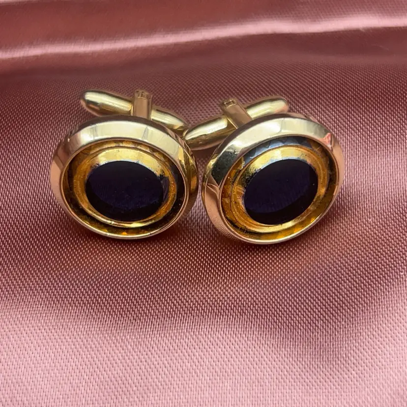 #01 Vintage Blue Glass Gold Tone Round Cufflinks Mid-Century Men’s Jewelry