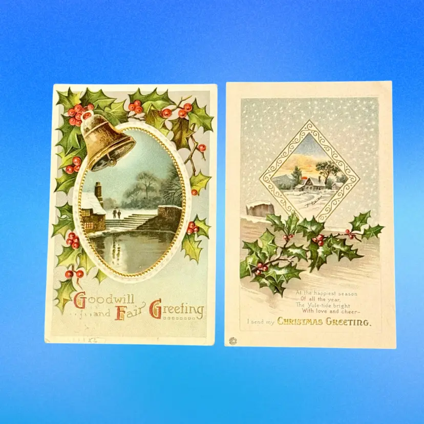 #1 Christmas Holly Lot/2 Antique Snowscapes DB Postcards, 1 Unposted