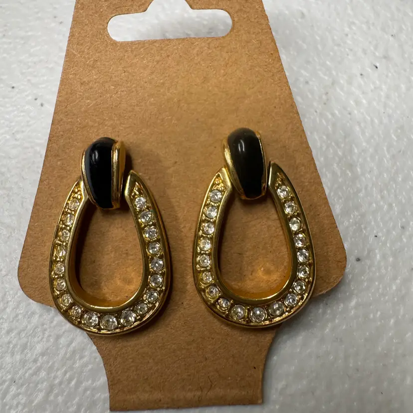 Vintage Swarovski Swan Signed Black Enamel & Pave Crystal Door Knocker Earrings Gold Tone