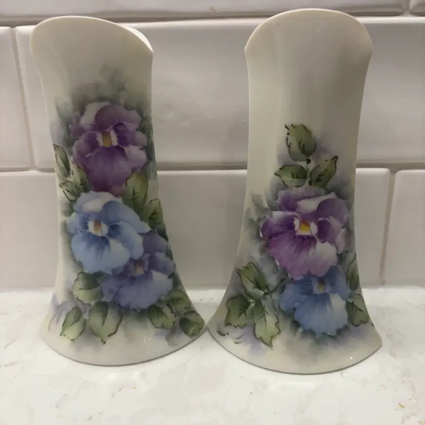 Vtg AK Kaiser Germany Porcelain Candle Holders Hand Painted Pansy Viola