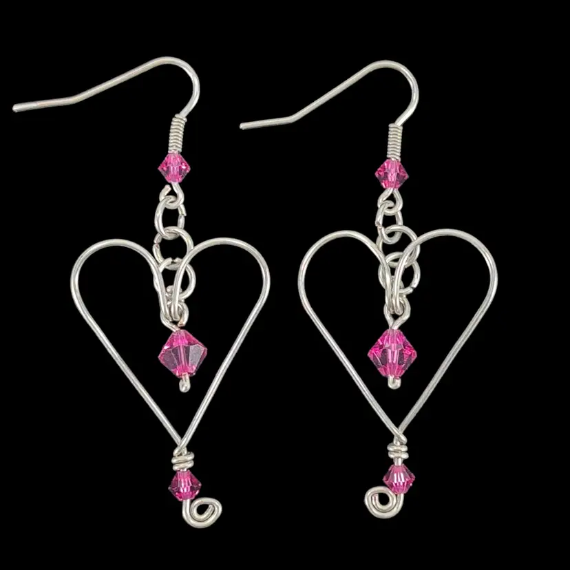 Mark ~ Avante Jewelry Wire HEART Dark Pink Crystals Pierced Earrings Silver Plated