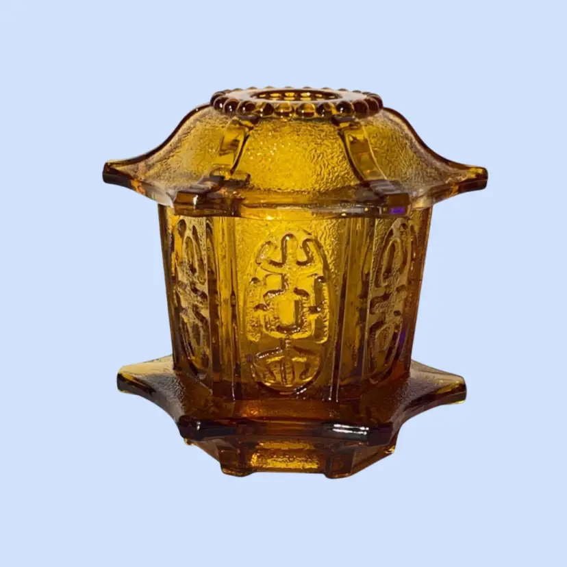 #391- Vintage Fairy Lamp Light Pagoda Pebbled Texture Amber Glass Asian-inspired Embossed Symbols Homco 1970-80s