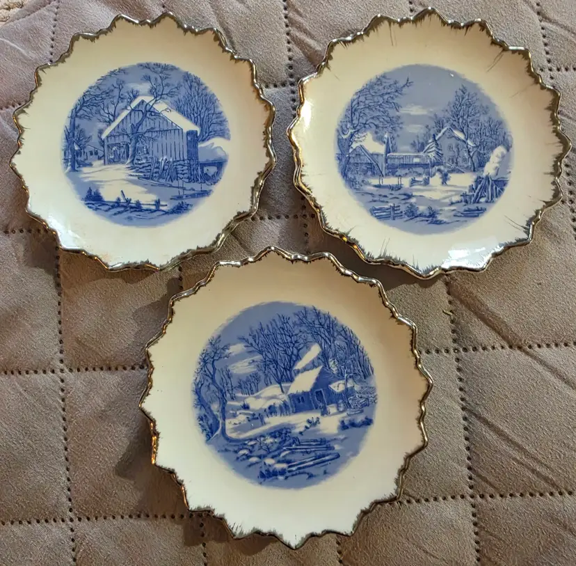 Vintage Currier and Ives "Old Homestead in Winter" Decorative Plates featuring blue and white scenes with a Scalloped Edge and Silver Trim
