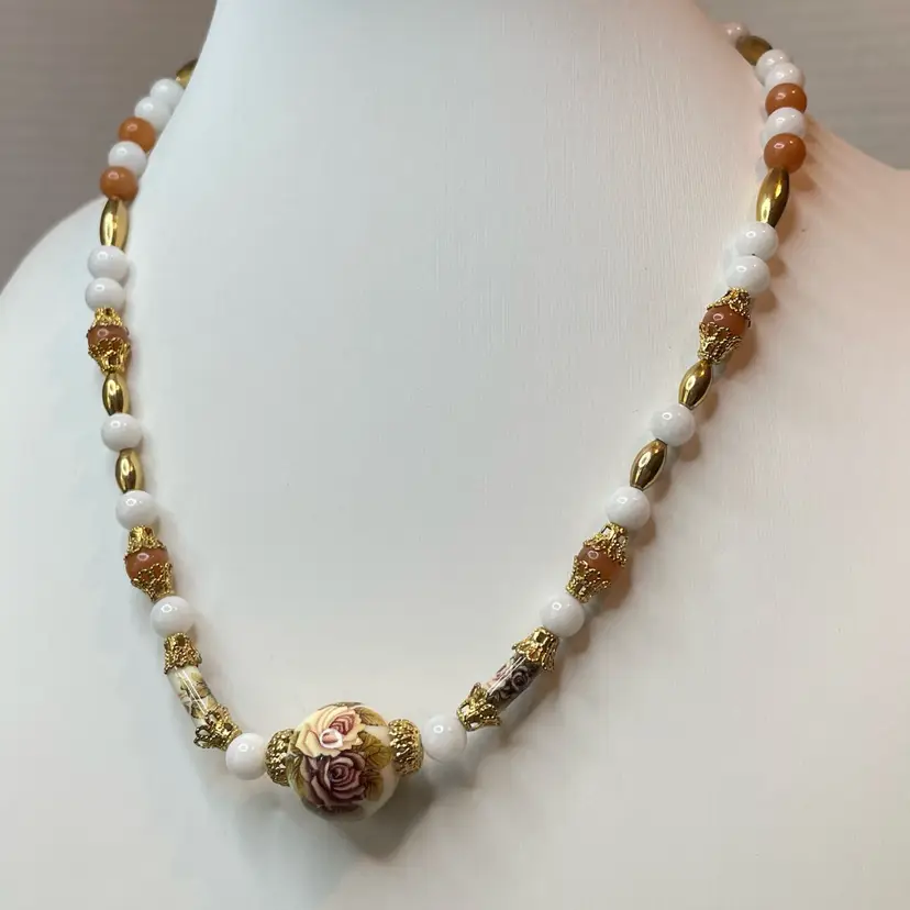06 Goldtone white jade, citrine, and rose focal bead - 17”